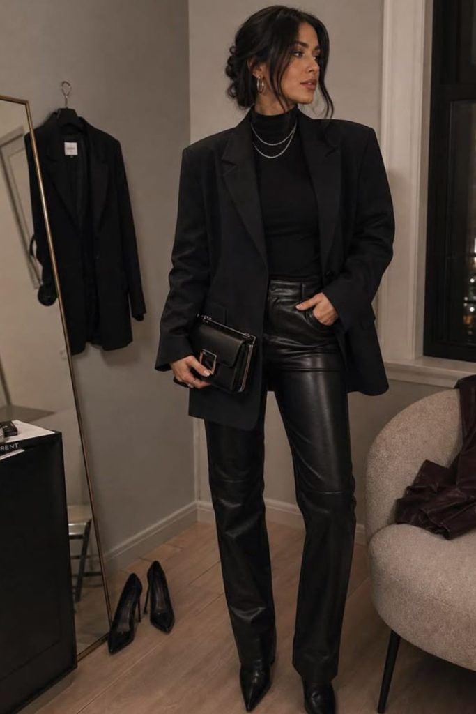 Leather blazer with skinny pants.