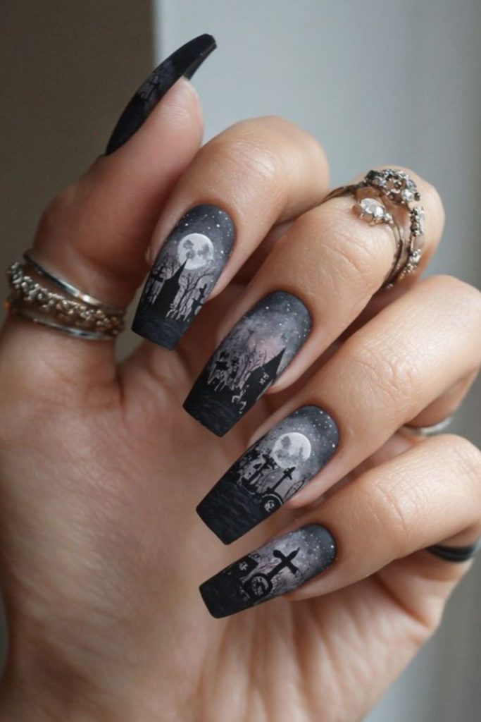 Midnight Graveyard Glow Halloween Nail Design