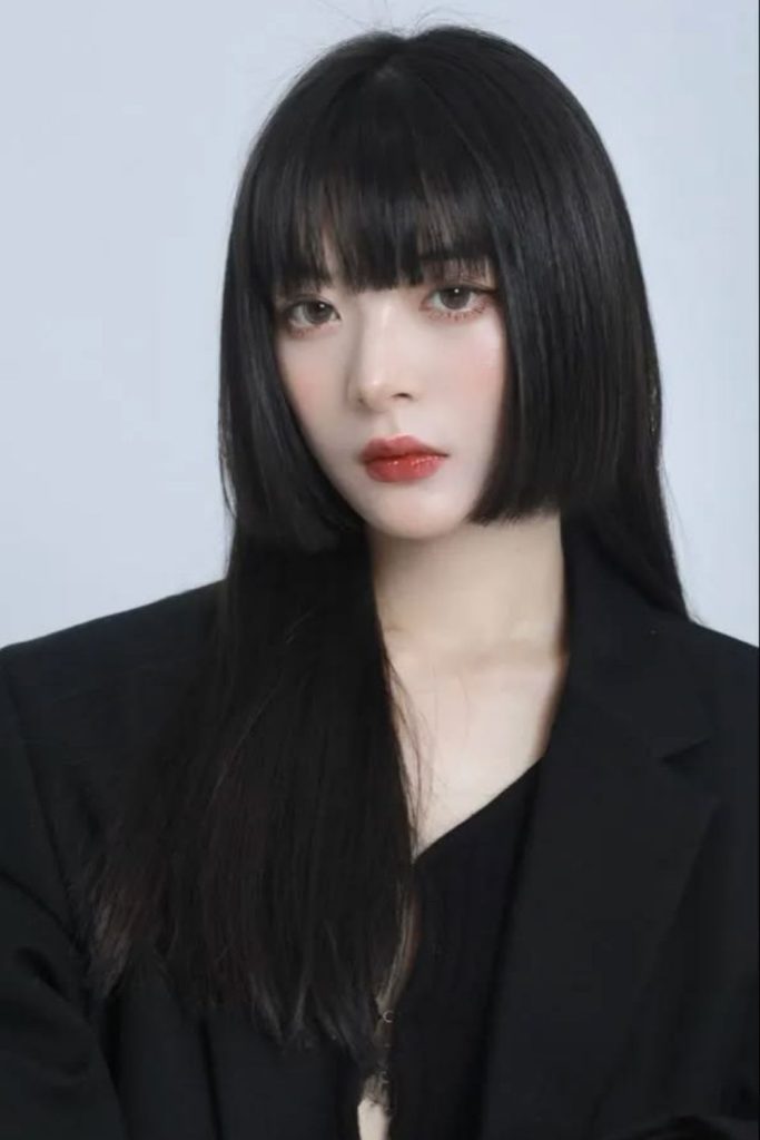 Midnight black elegant hime haircut.