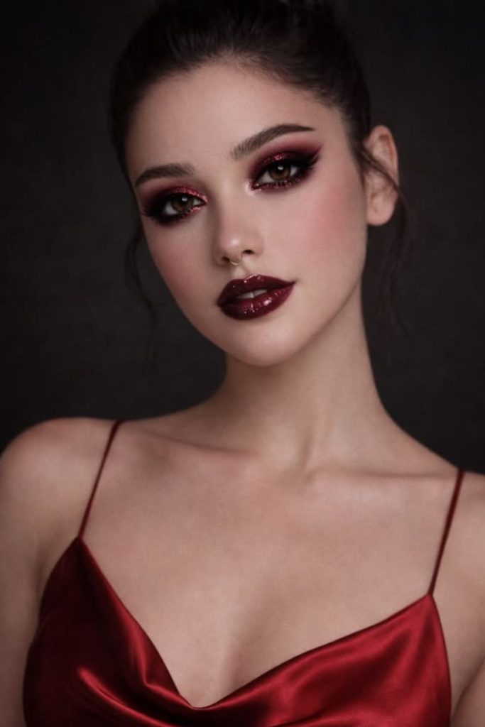 Midnight merlot glamorous vampy makeup style.
