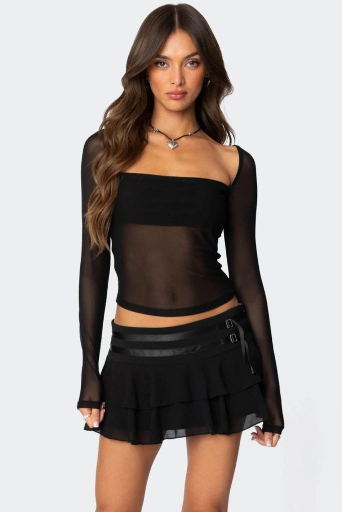 Black mesh crop top outfit.