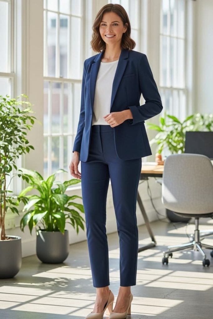 Navy cigarette trousers elegant outfit.