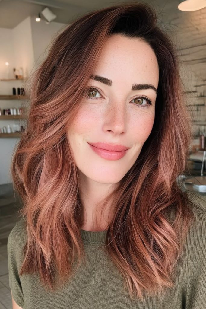 Midnight strawberry brunette hair with highlights.