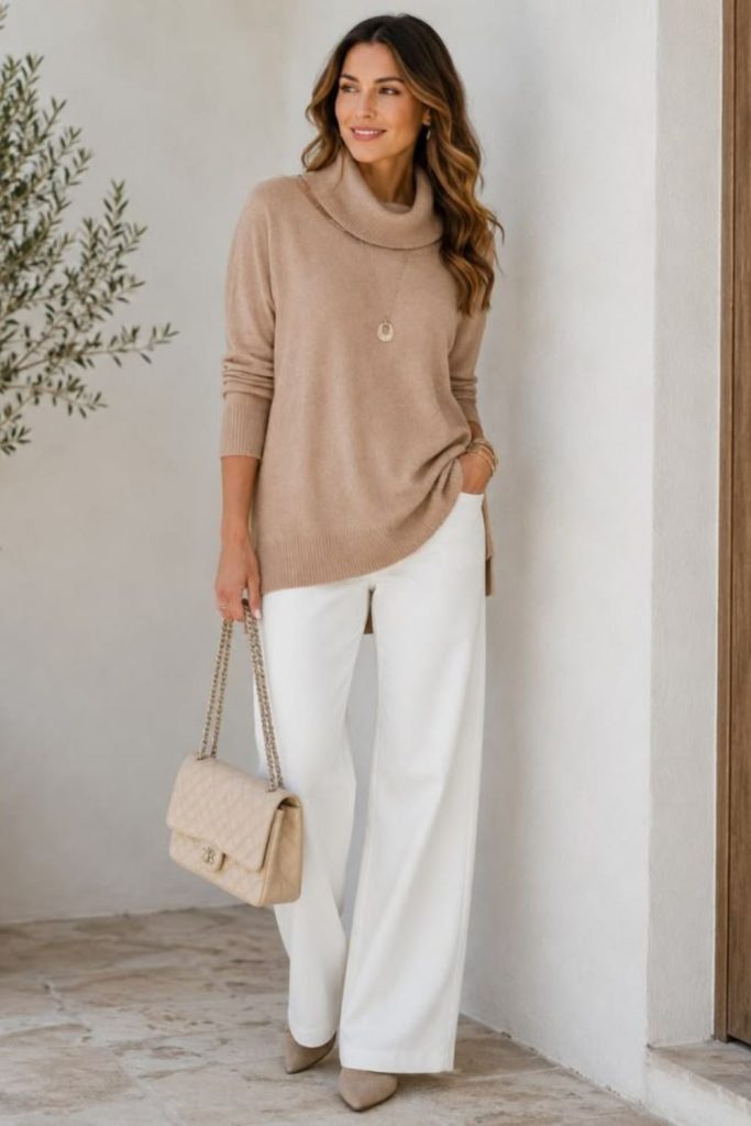Cream sweater with white jeans.