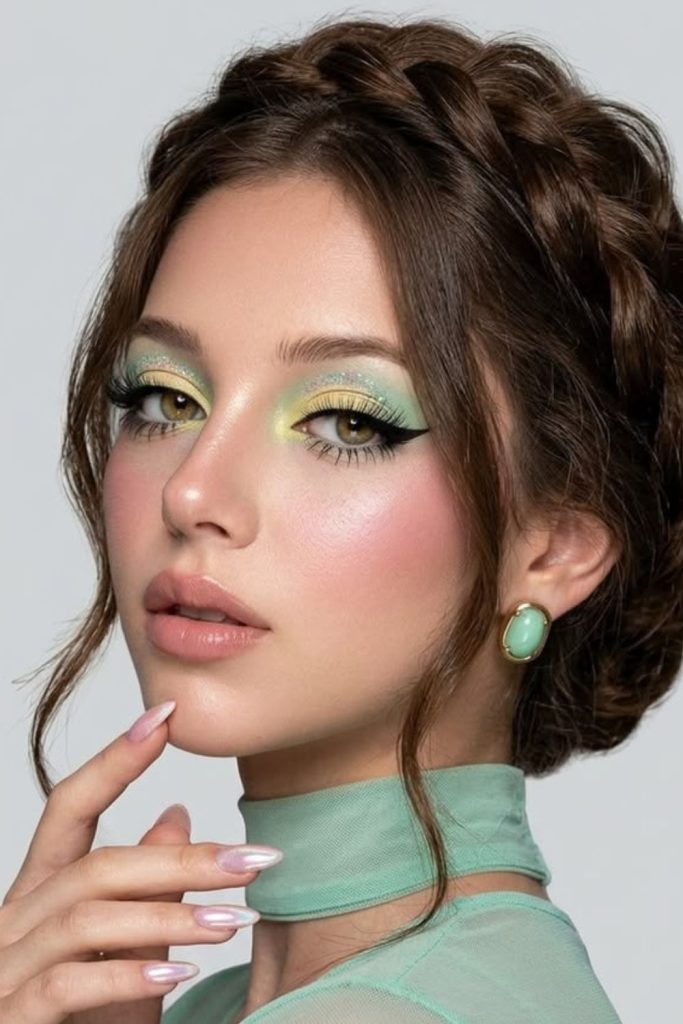 Mint green fantasy eye makeup.