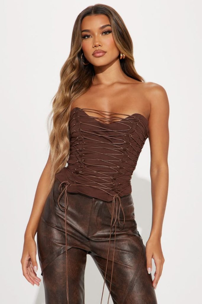 Mocha satin corset neutral clubwear.