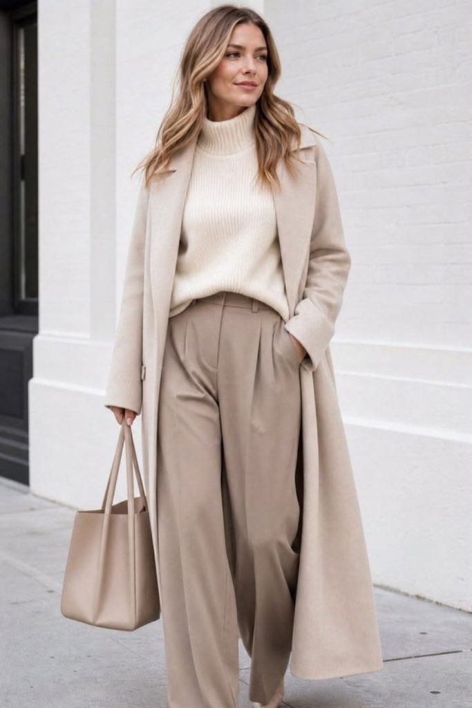 Mocha trousers with cream sweater.