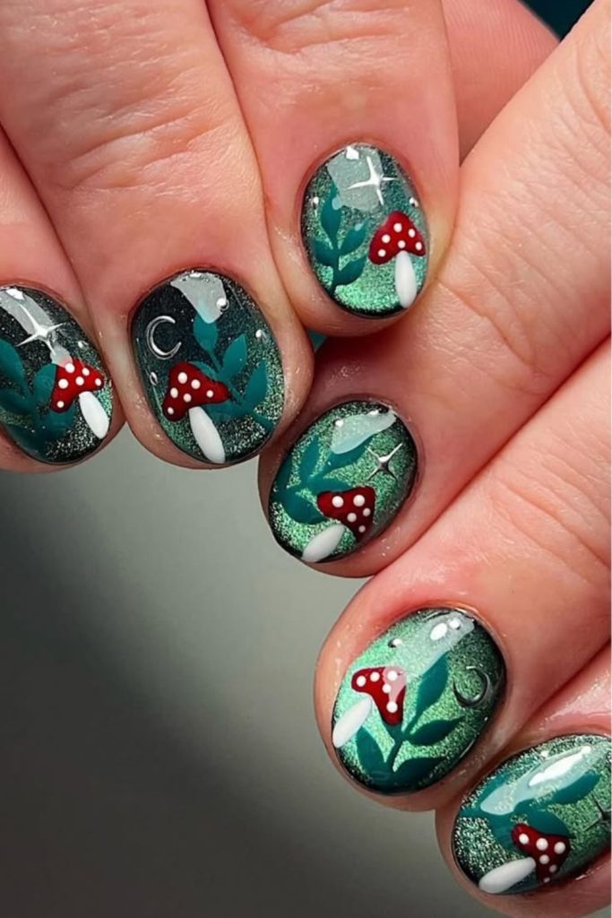 Mushroom nails with moonlit forest details.