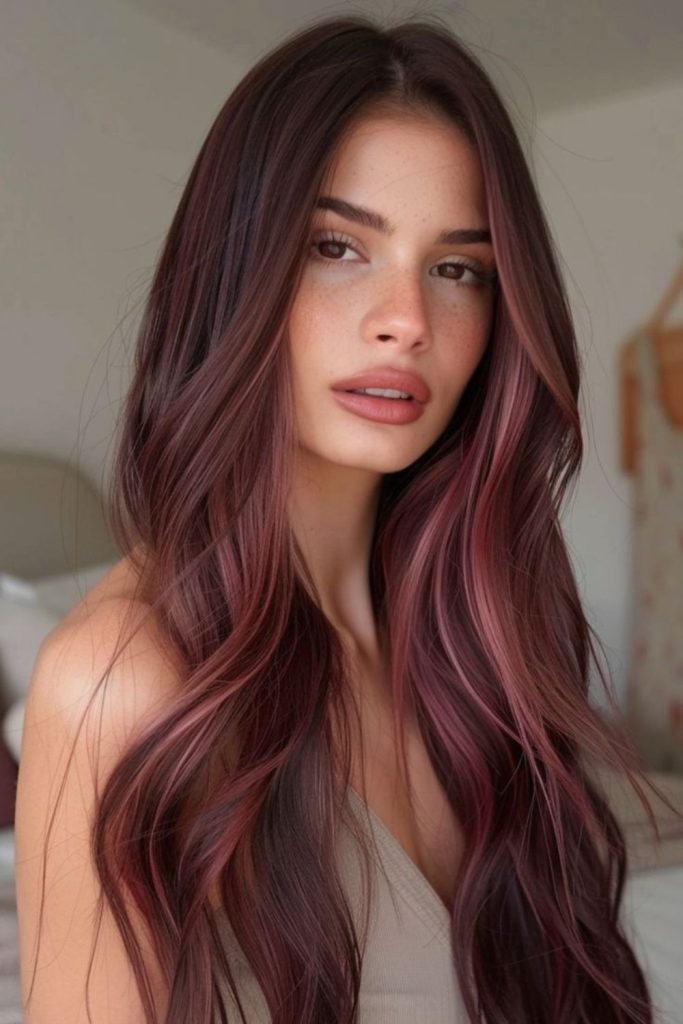 Mulberry strawberry brunette hair with waves.