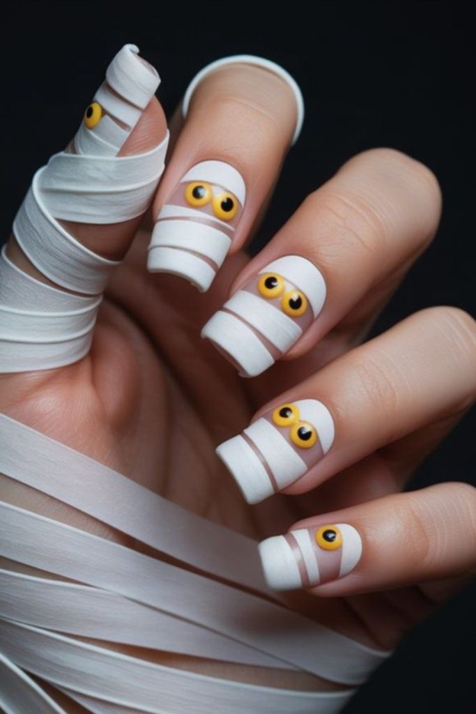 Mummy Wrap Halloween Nail Art