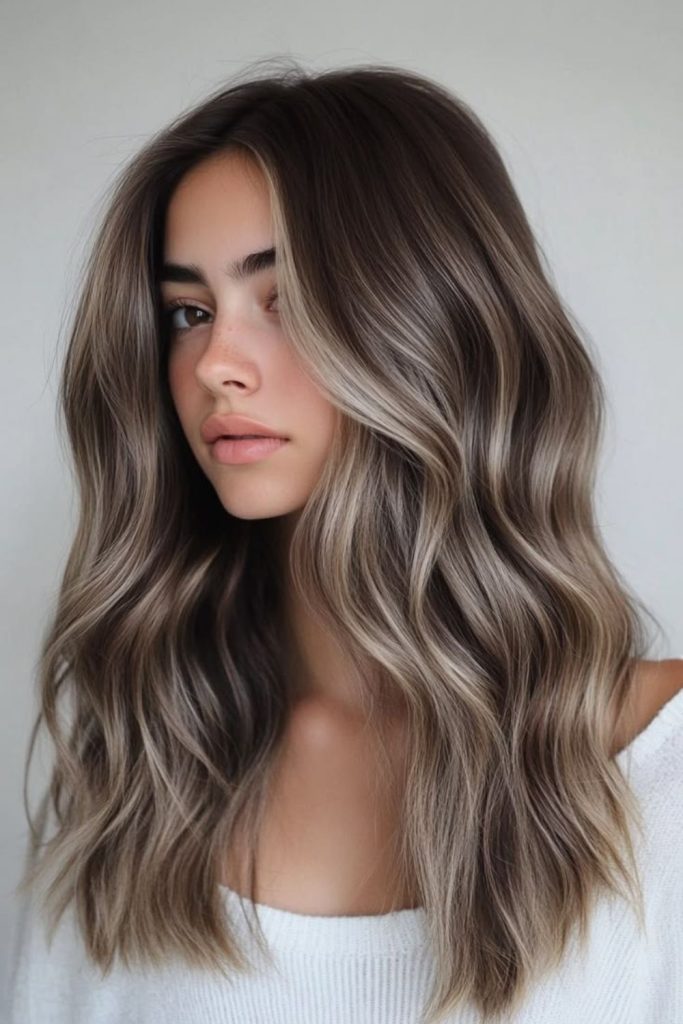 Mushroom brown balayage with beige highlights.