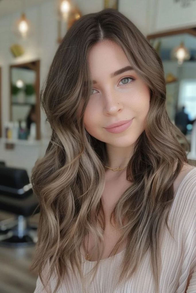 Mushroom brown balayage waves with cool highlights.