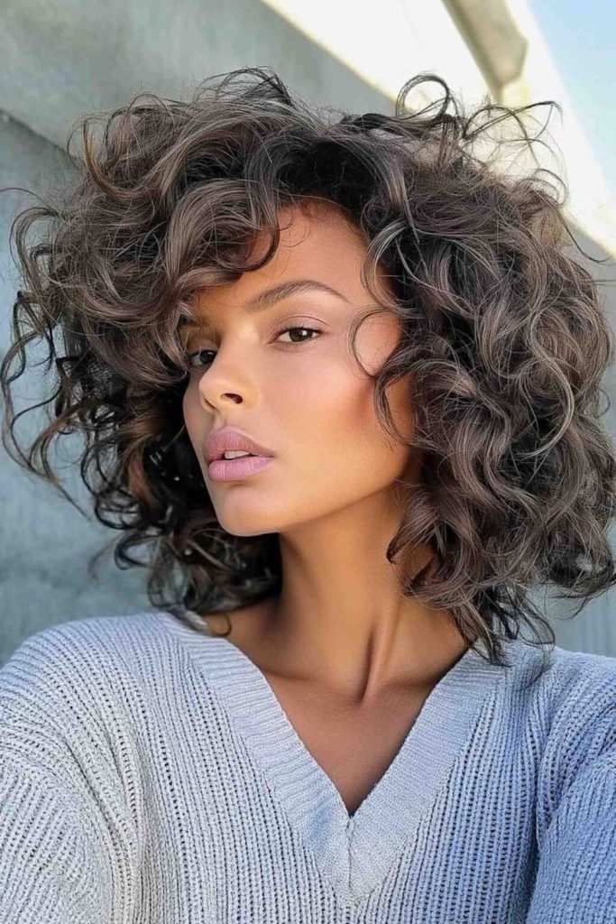 Mushroom brown curly hair with dimensional tones.