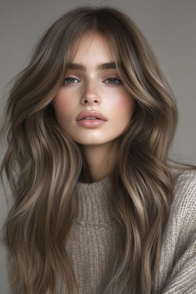 Mushroom brown curtain bangs with layered hair.