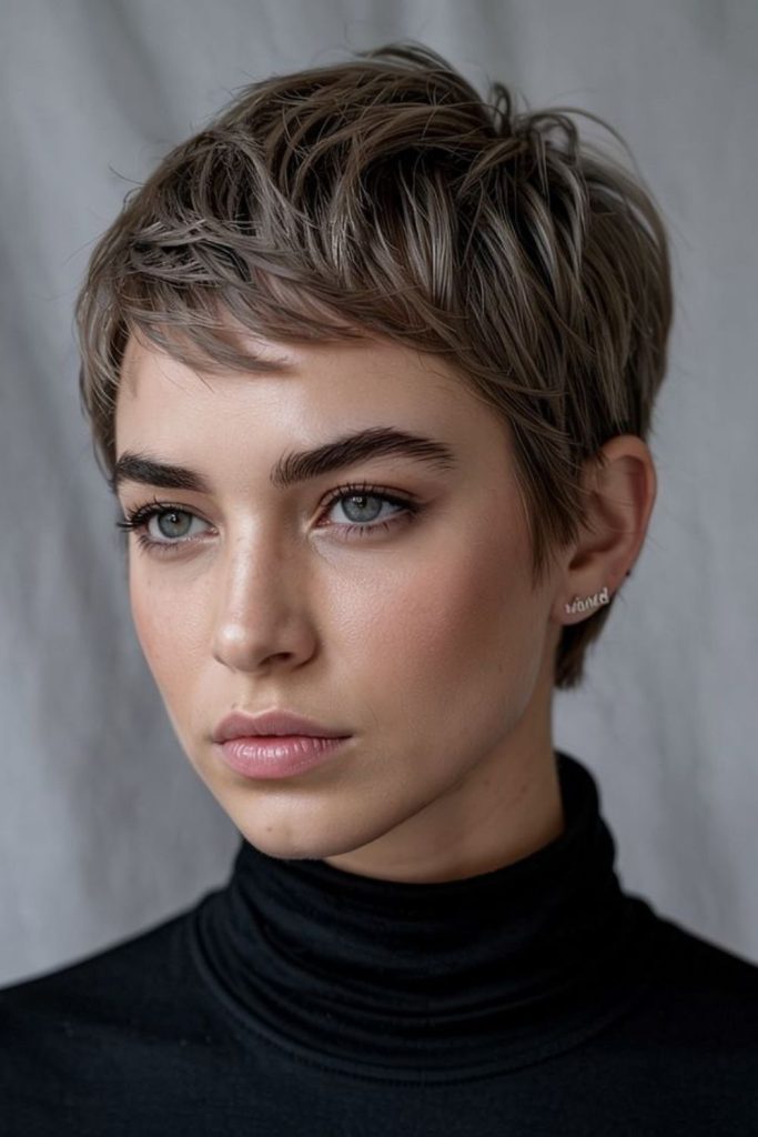 Mushroom brown pixie cut with textured layers.