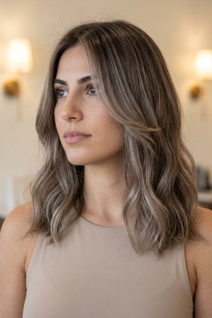 Shoulder-length mushroom brown hair with soft layers.