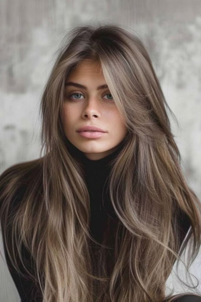 Mushroom brown hair with face-framing highlights.