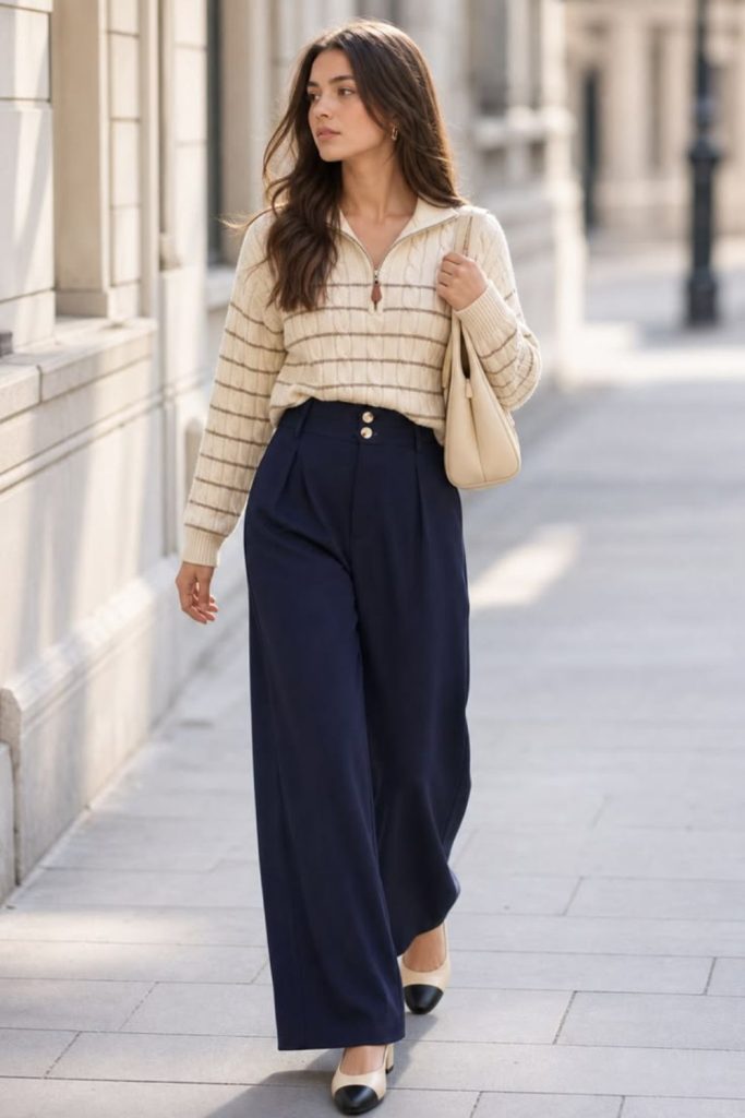 Navy trousers with cream sweater.
