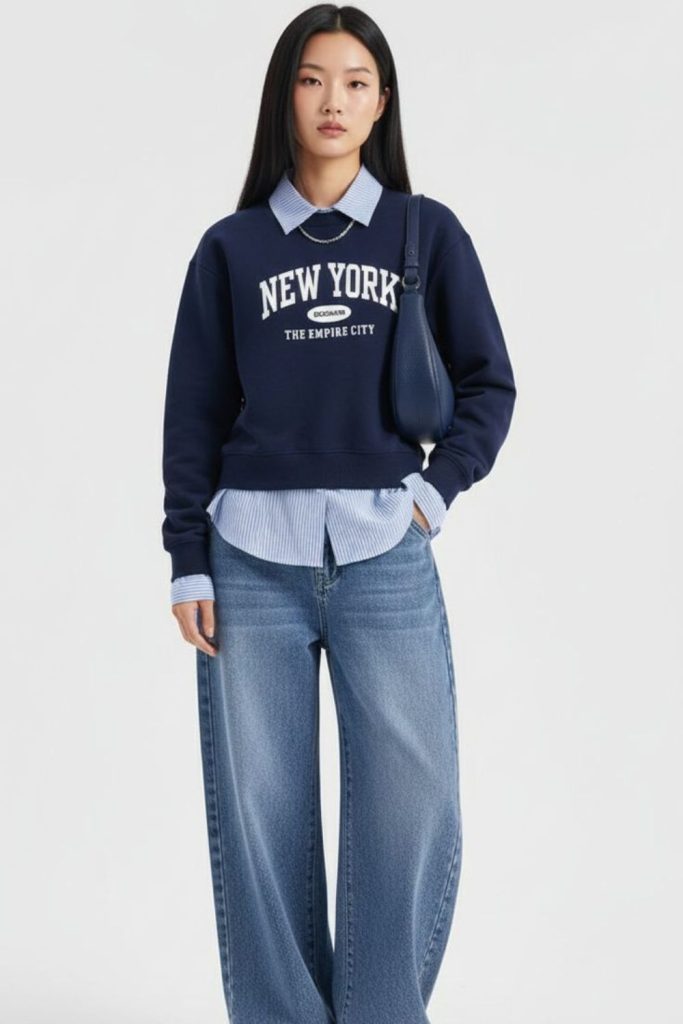 Navy sweater with straight jeans.