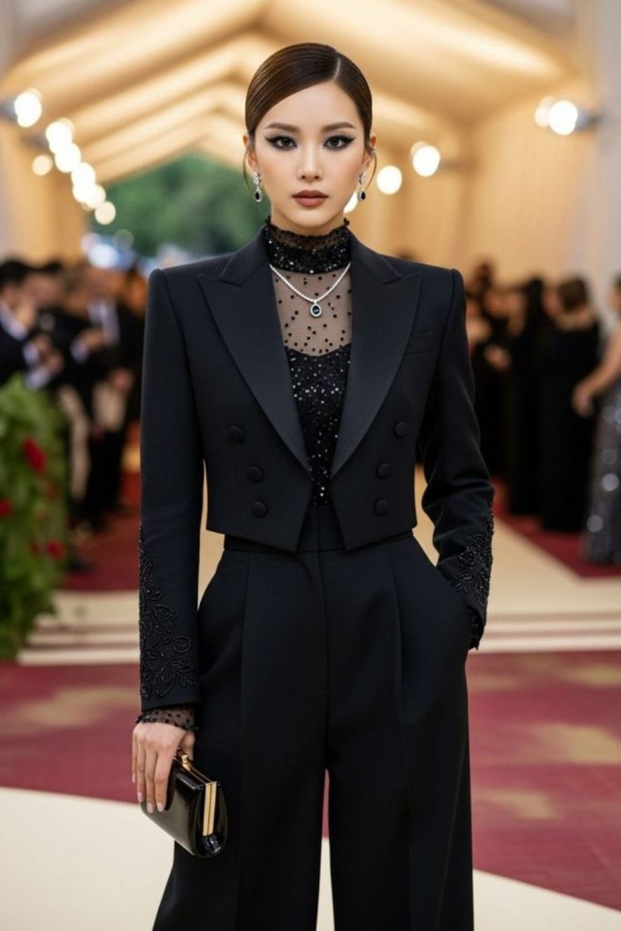 Rhinestone corset tuxedo chic outfit.