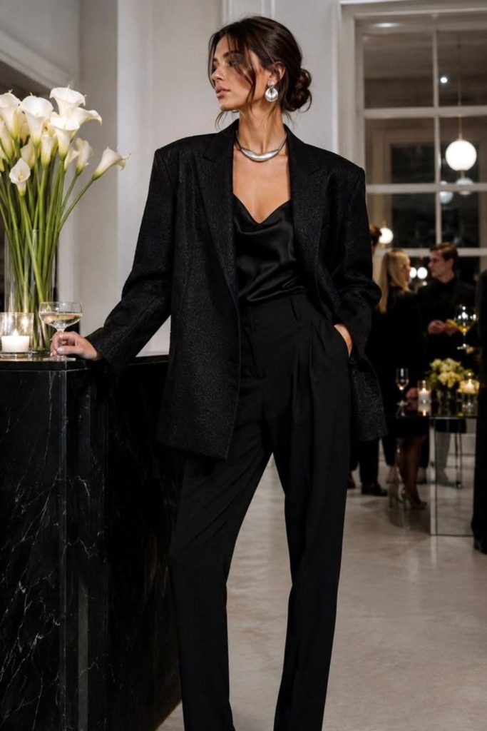 Black bodysuit with tailored trousers.