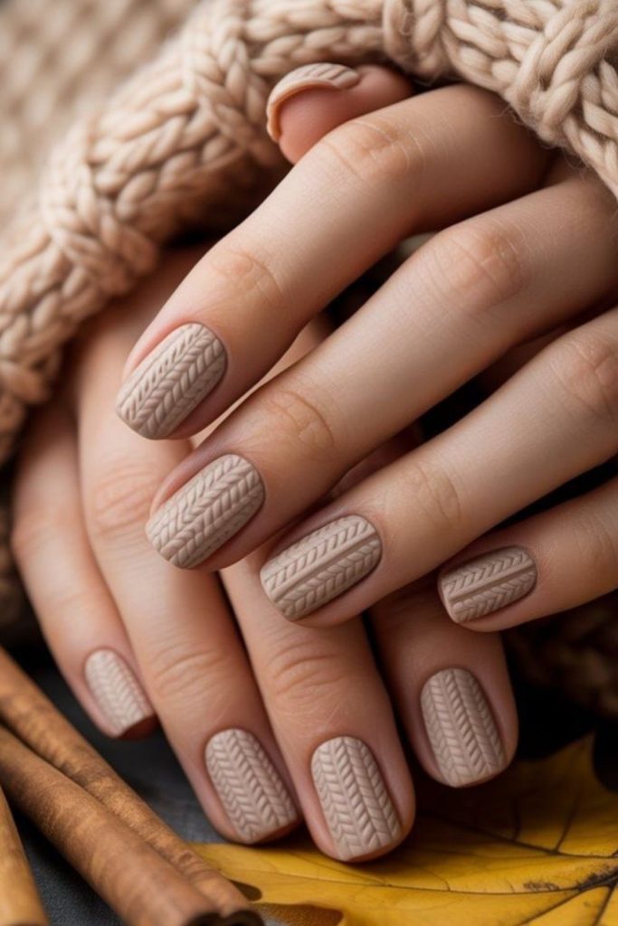 Nordic neutral knitted nail design.