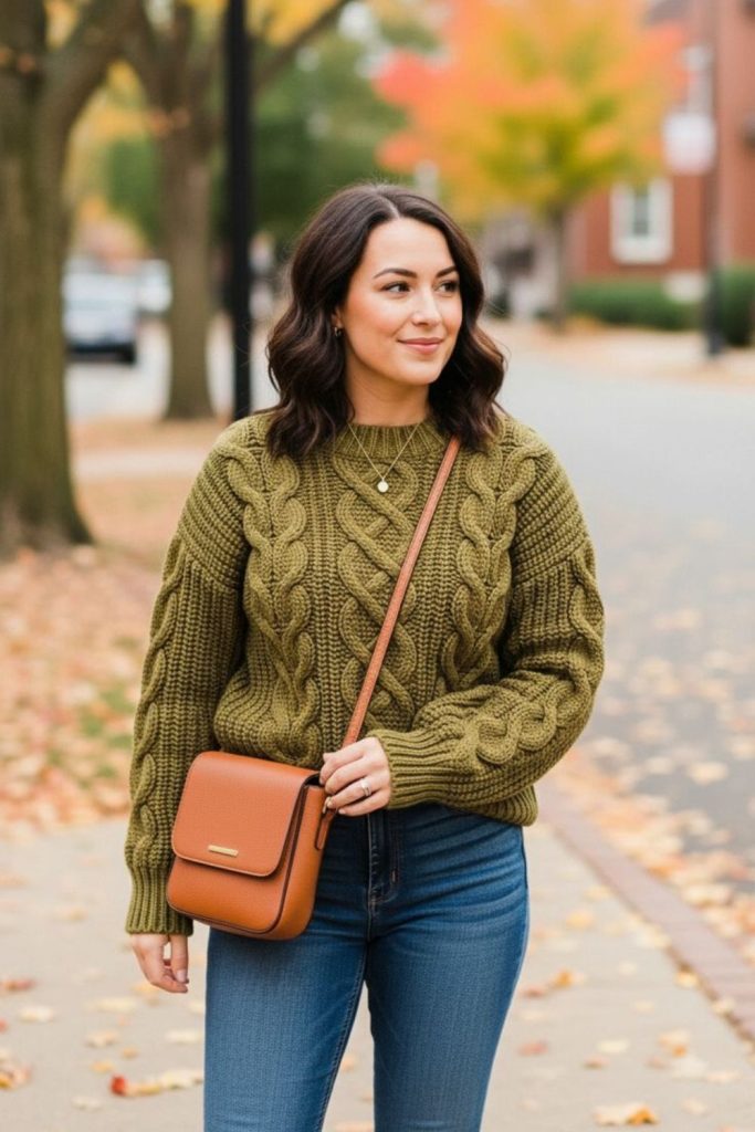 Olive sweater with skinny jeans.
