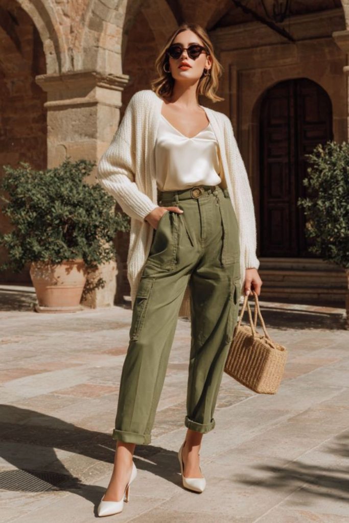 Olive trousers with ribbed sweater.