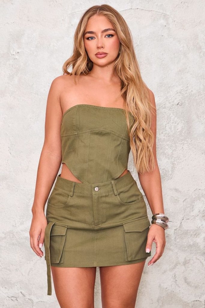 Olive corset with cargo mini skirt.