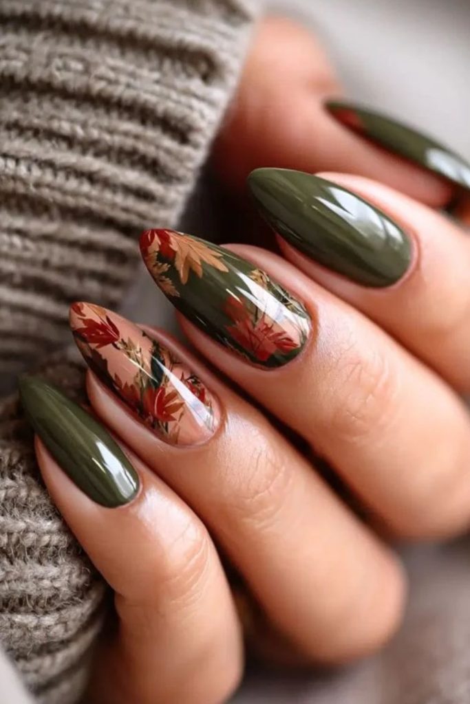 Olive maple minimalist autumn nails.