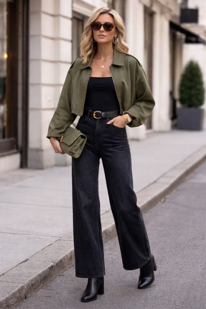 Olive satin blouse winter fashion.
