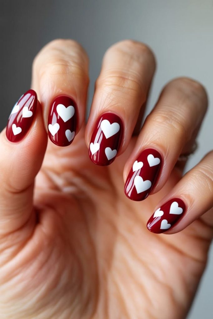 Romantic oxblood heart accent nails.