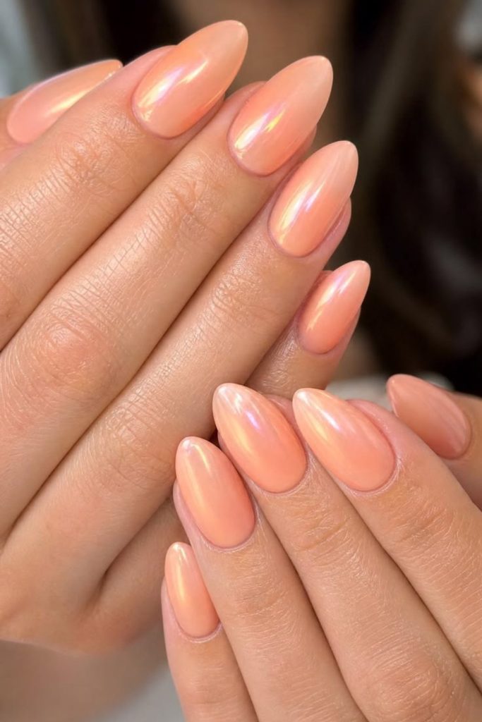Peach cream pearl glazed nails.