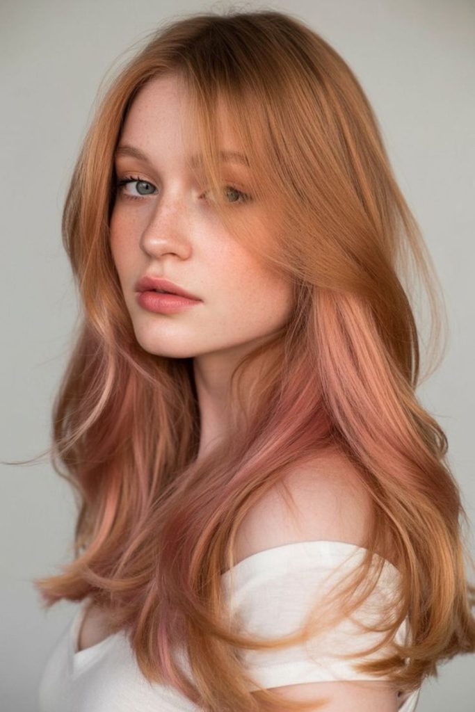 Peachy strawberry brunette hair with highlights.