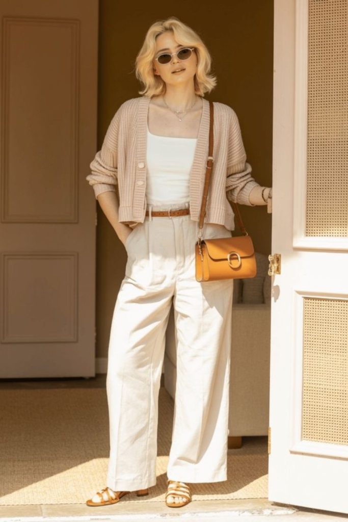 Pearl white wide-leg trousers.