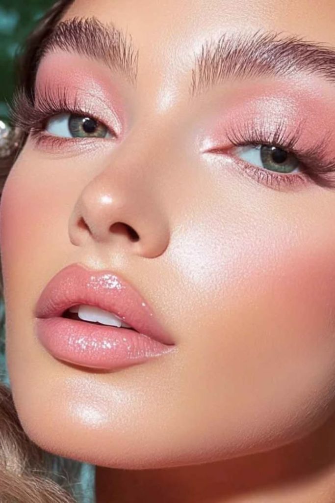 Pearlescent pink glowing eye makeup.