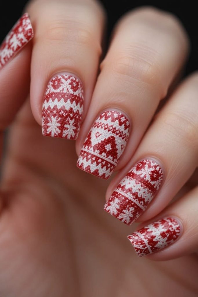 Peppermint red knitted sweater nails.