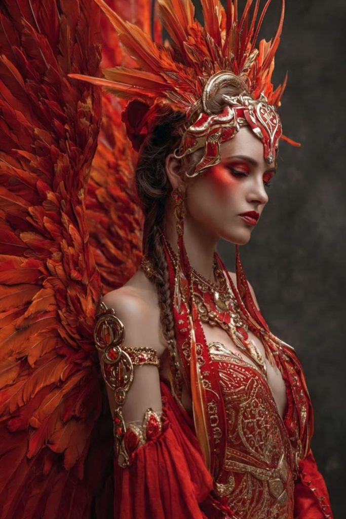 Phoenix goddess costume with fiery red hair.