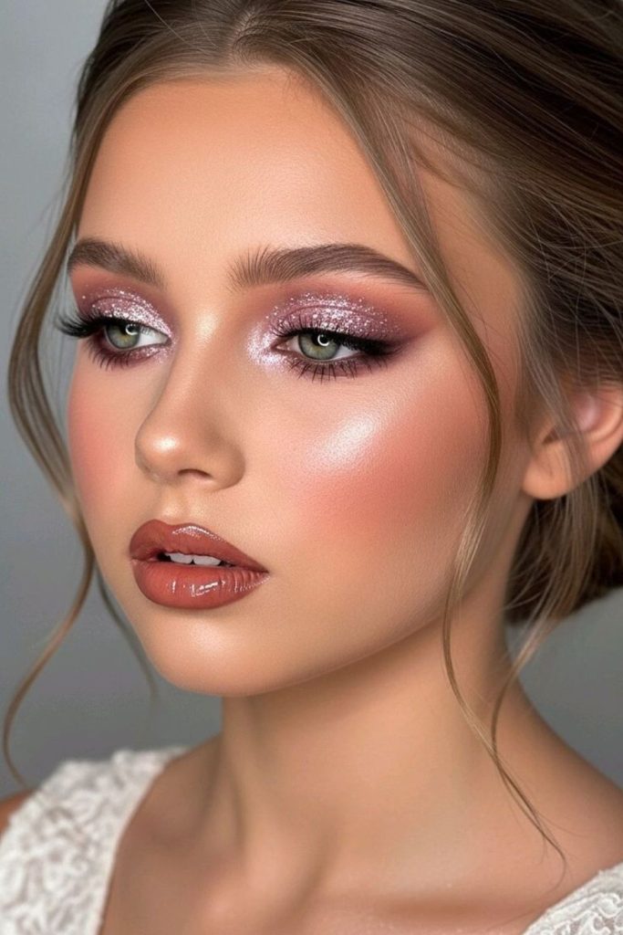 Pink glitter sparkling eye makeup.