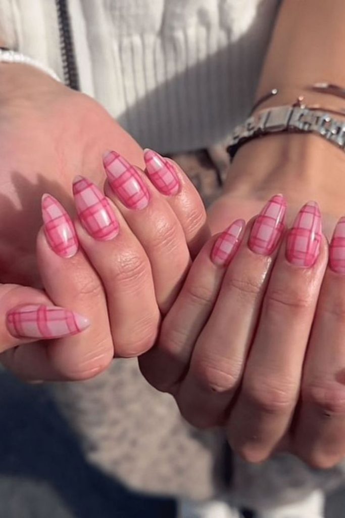 Pink picnic plaid nail design.