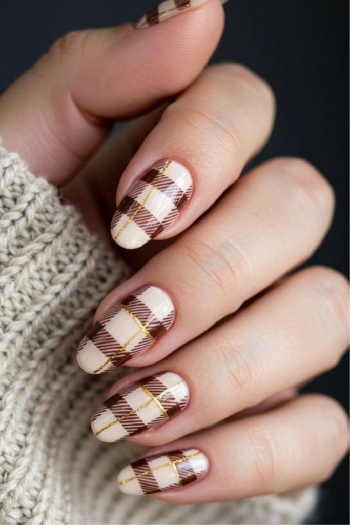 Plaid knitted sweater cozy nails.