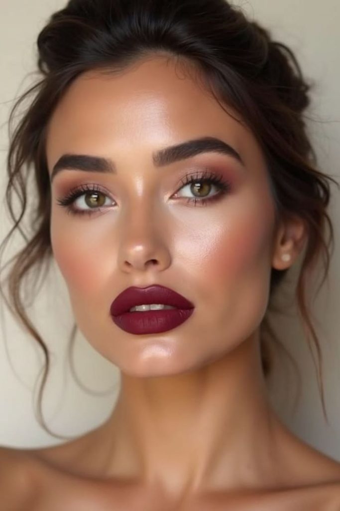 Pomegranate glam autumn makeup look.