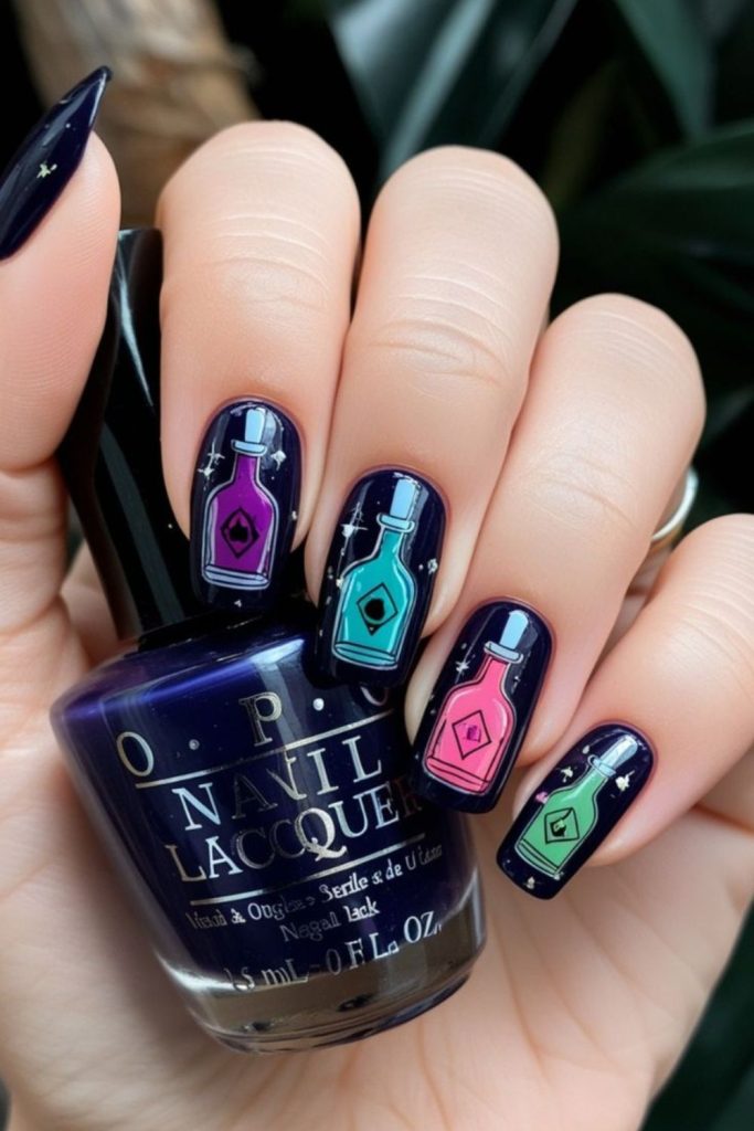 Emerald potion nails with magical bottles.