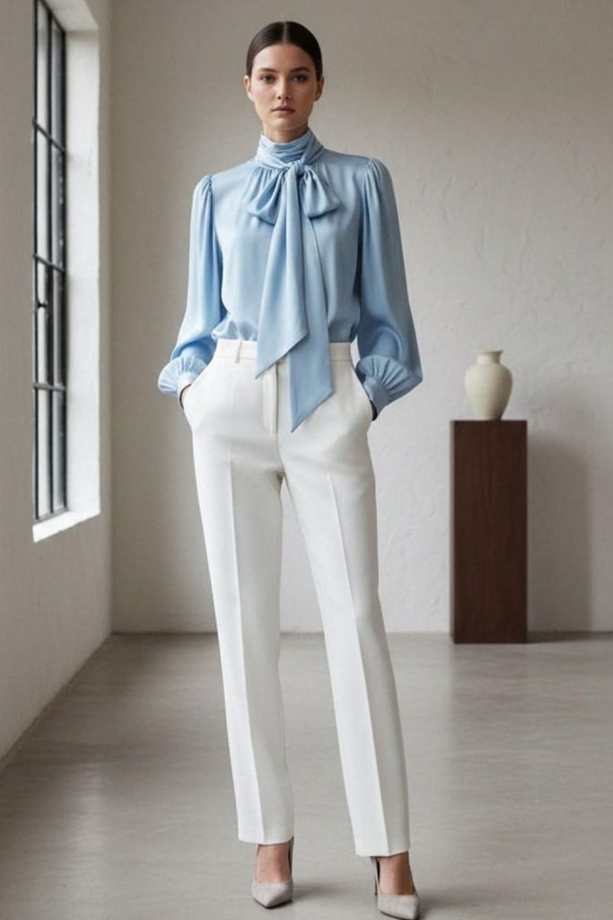 Powder blue outfit fresh style.