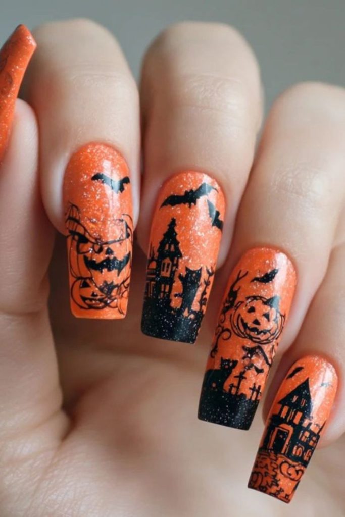Pumpkin Spice Horror Halloween Nails