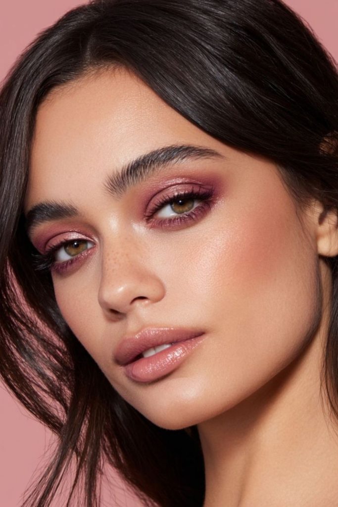 Raspberry sunset glow makeup look.