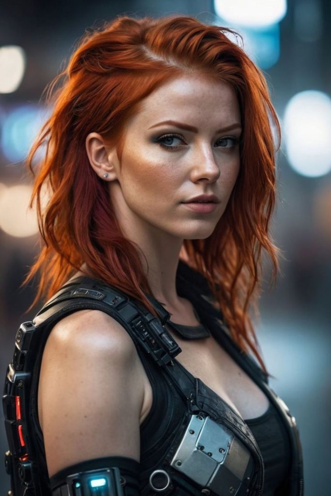 Red-haired futuristic space warrior costume.