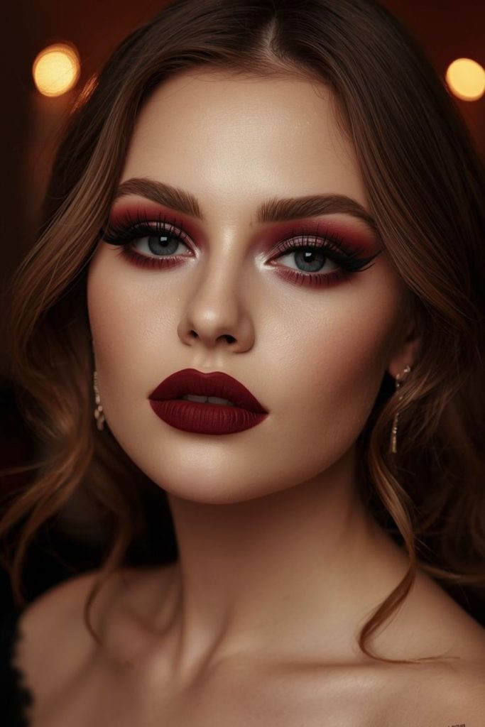Red velvet dramatic vampy makeup look.