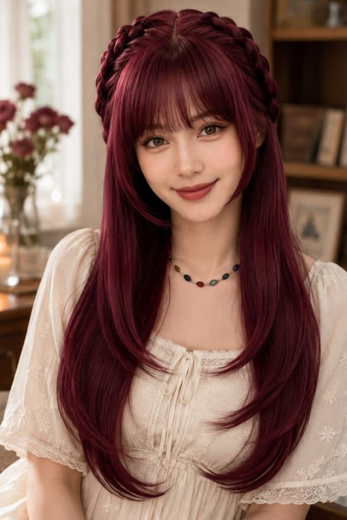 Deep red wine hime haircut.