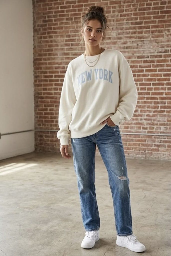 Boyfriend jeans casual senior outfit.